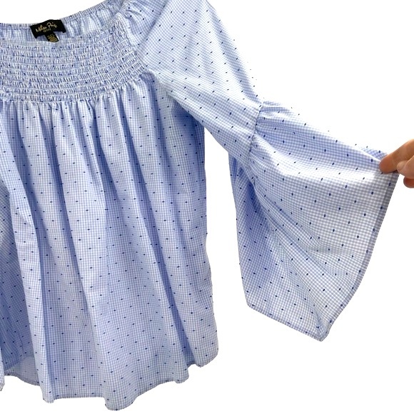 Melissa Paige Gingham Print Off Shoulder Top Blue White Size Petite Large - Picture 8 of 17